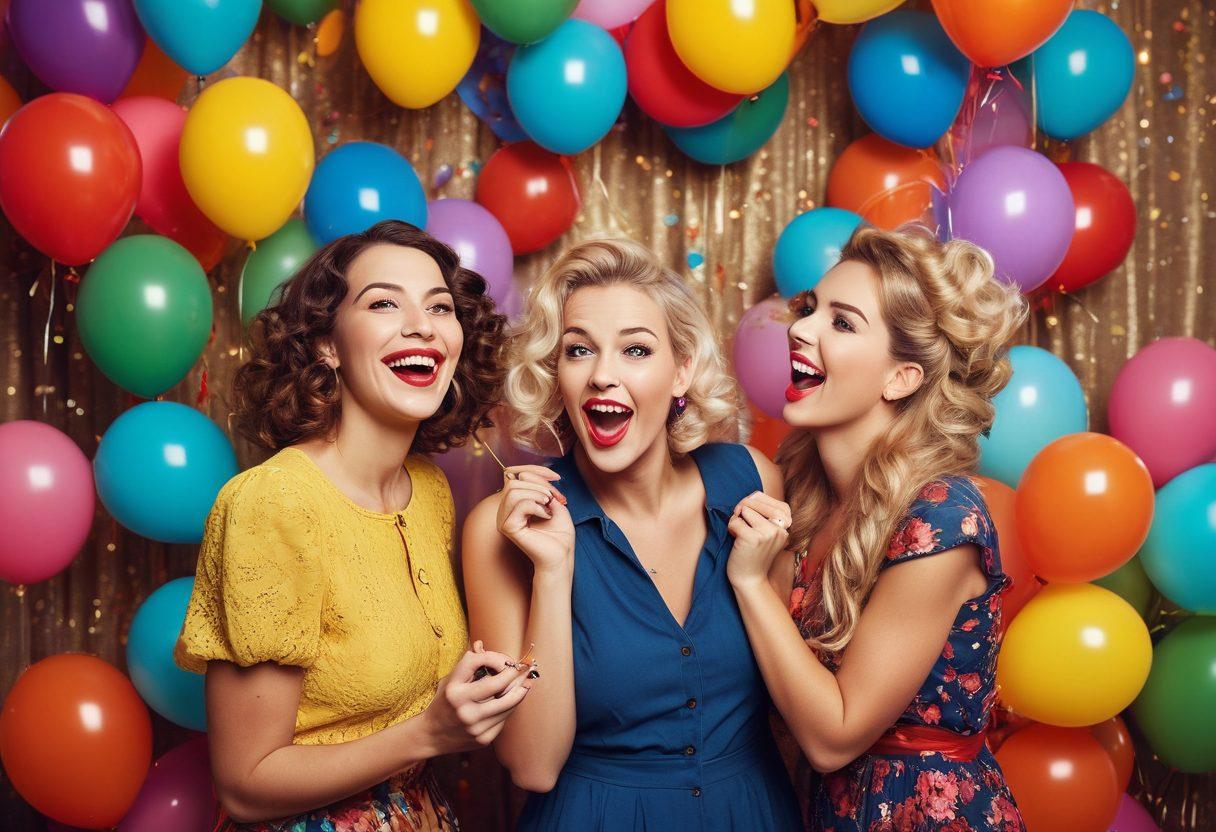 A whimsical party scene featuring adults joyfully engaging in playful activities, surrounded by colorful balloons and confetti. Captivating expressions of laughter and delight fill the air, with a backdrop of vibrant decor emphasizing a festive atmosphere. Incorporate hints of vintage entertainment elements, such as a retro photo booth and playful party games. super-realistic. vibrant colors. lively atmosphere.