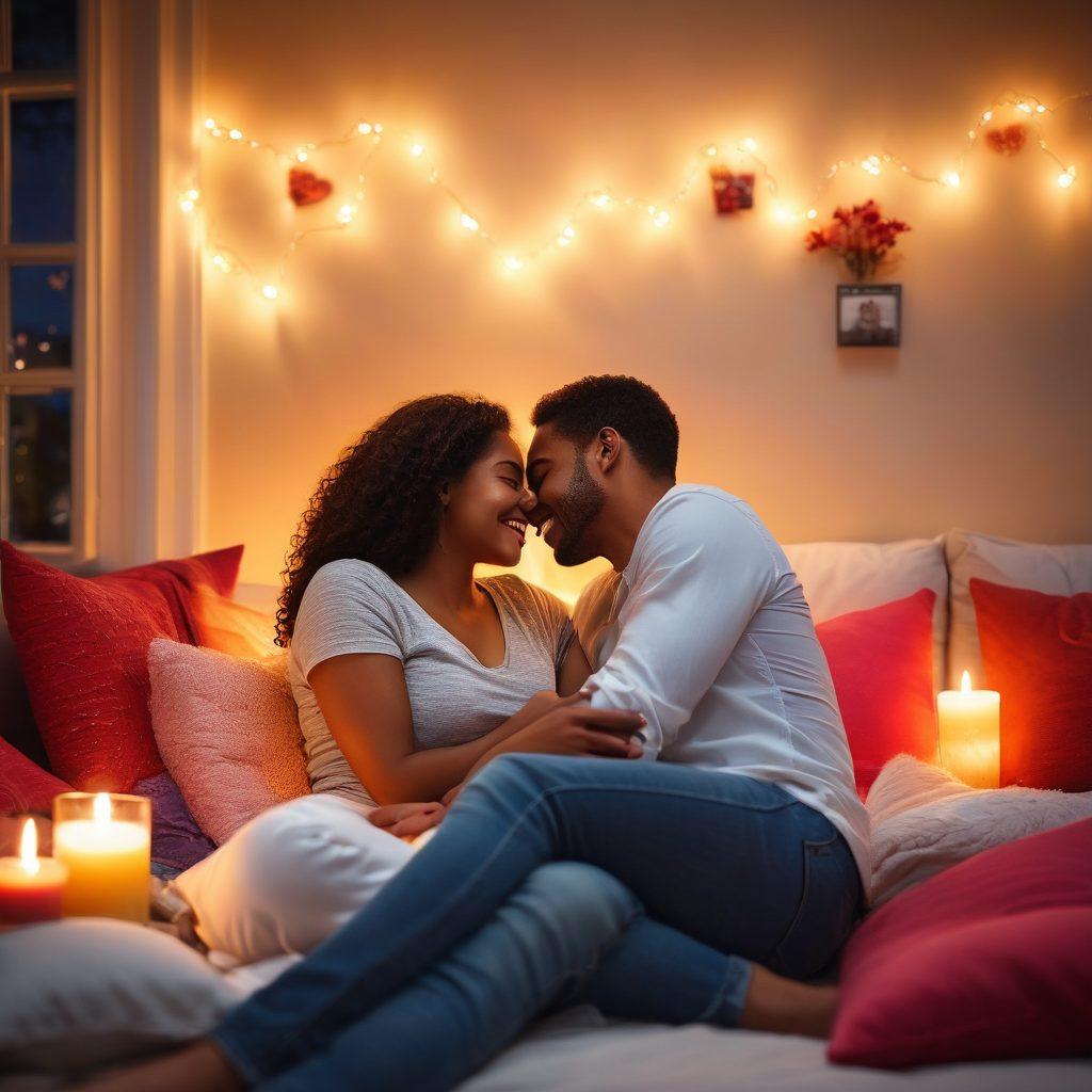 A warm, inviting scene of diverse couples enjoying various intimate moments, radiating joy and connection. Soft glowing lights surround them, symbolizing pleasure and happiness. Include elements like candles, colorful pillows, and playful hearts in the background to enhance the romantic atmosphere. The focus is on emotions, showcasing laughter and affection. vibrant colors. soft focus. super-realistic.